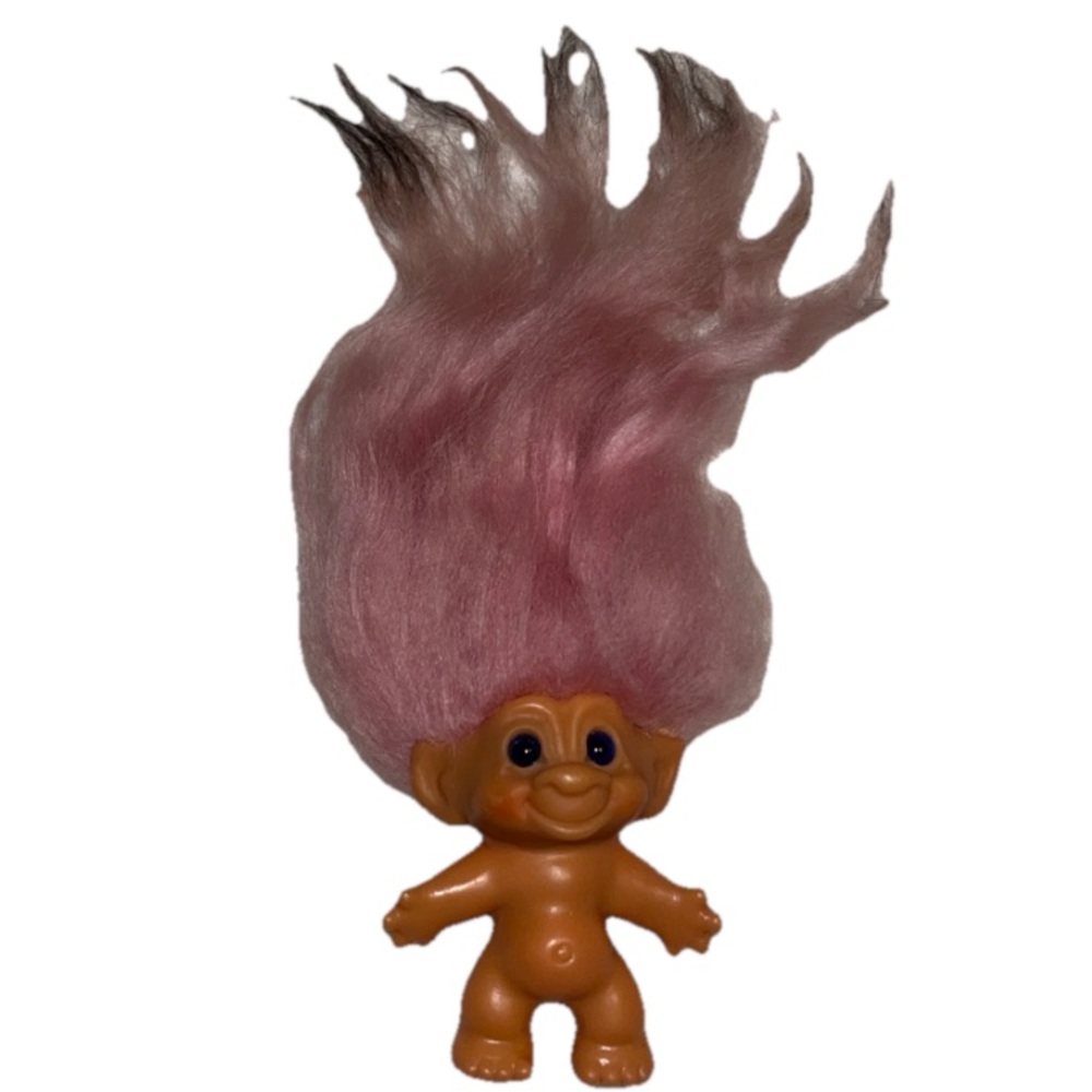 Vintage 60s Unmarked 2.5" Troll Doll Pink‎ Hair Black Dyed Tips Blue Glass Eyes